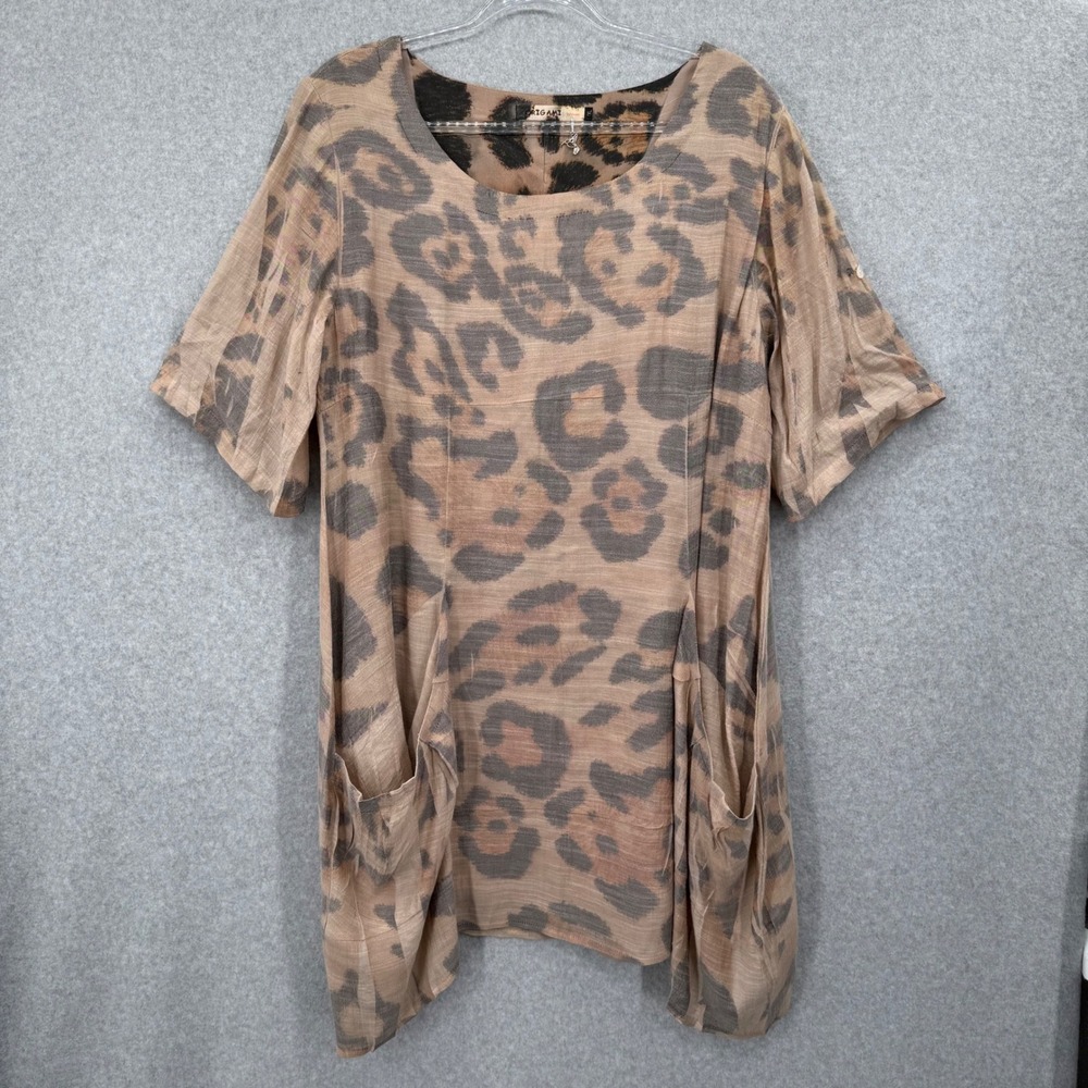 Origami by Vivien Dress Women L/XL Tan Leopard Print Linen Blend Tunic Lagenlook